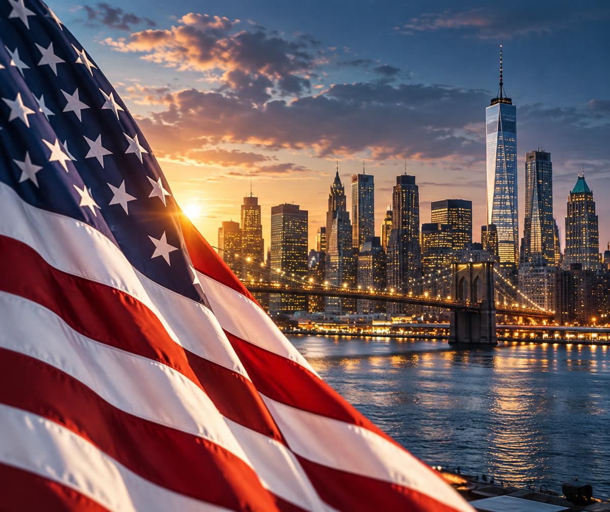 American flag with a United States city skyline at dusk